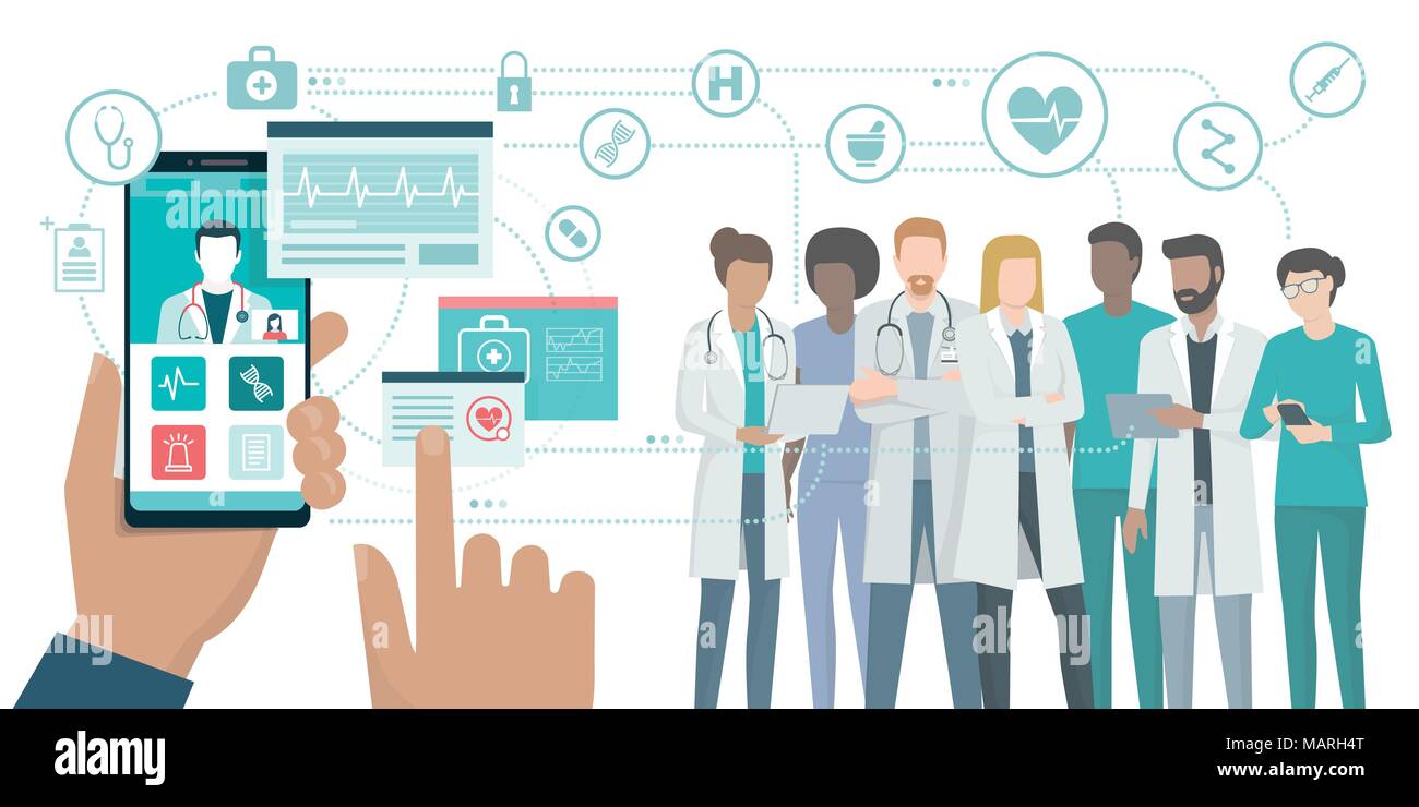 Benutzer Videoanrufe Arzt mit und Healthcare App auf seinem Smartphone und professionellen medizinischen Team angeschlossen: Online medizinische Beratung Konzept Stock Vektor