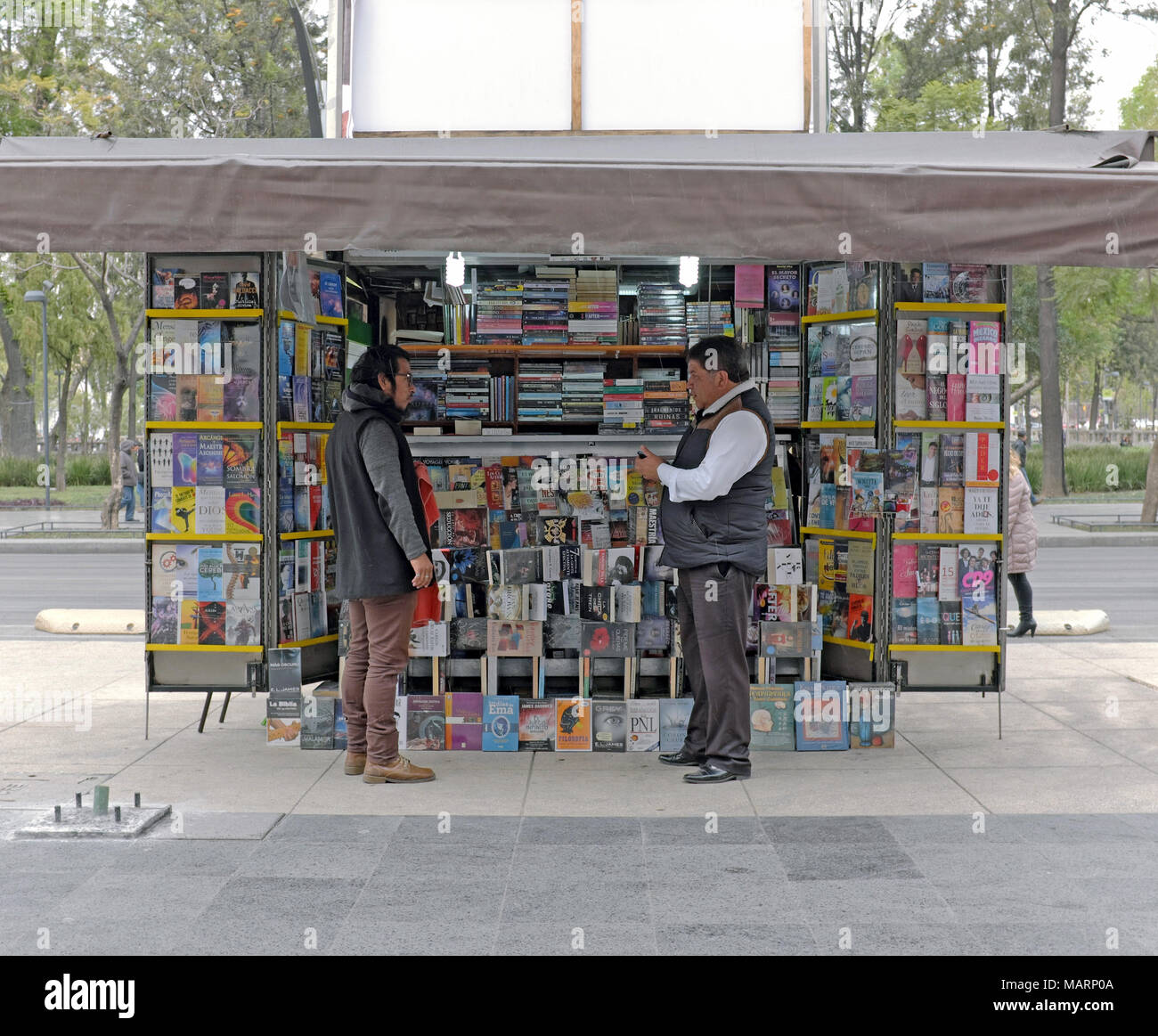 Zwei Männer unterhalten sich unter der Markise von Outdoor bookstand in Mexiko City, Mexiko. Stockfoto