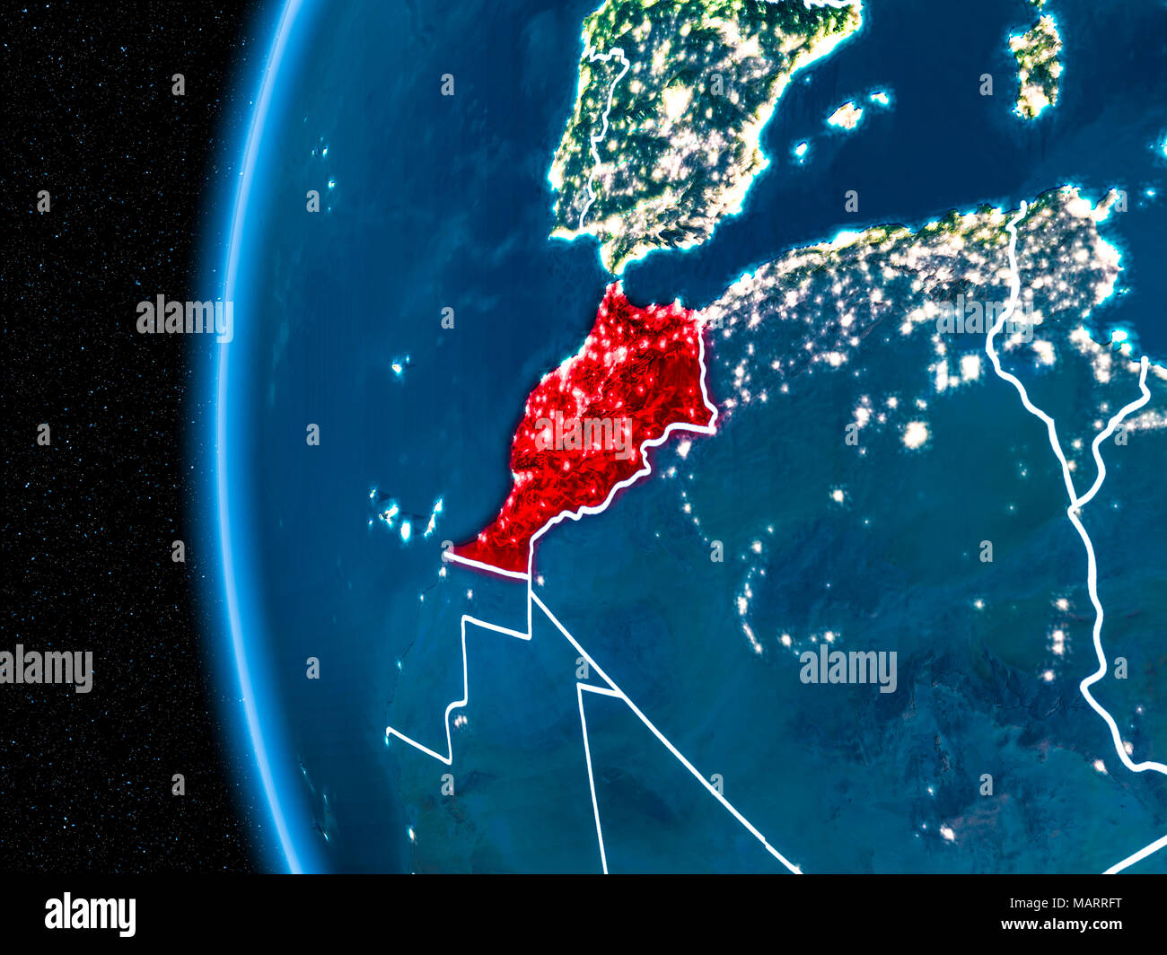 Platz orbit Ansicht von Marokko in Rot hervorgehoben auf dem Planeten Erde bei Nacht mit sichtbaren Grenzen und die Lichter der Stadt. 3D-Darstellung. Elemente der Thi Stockfoto