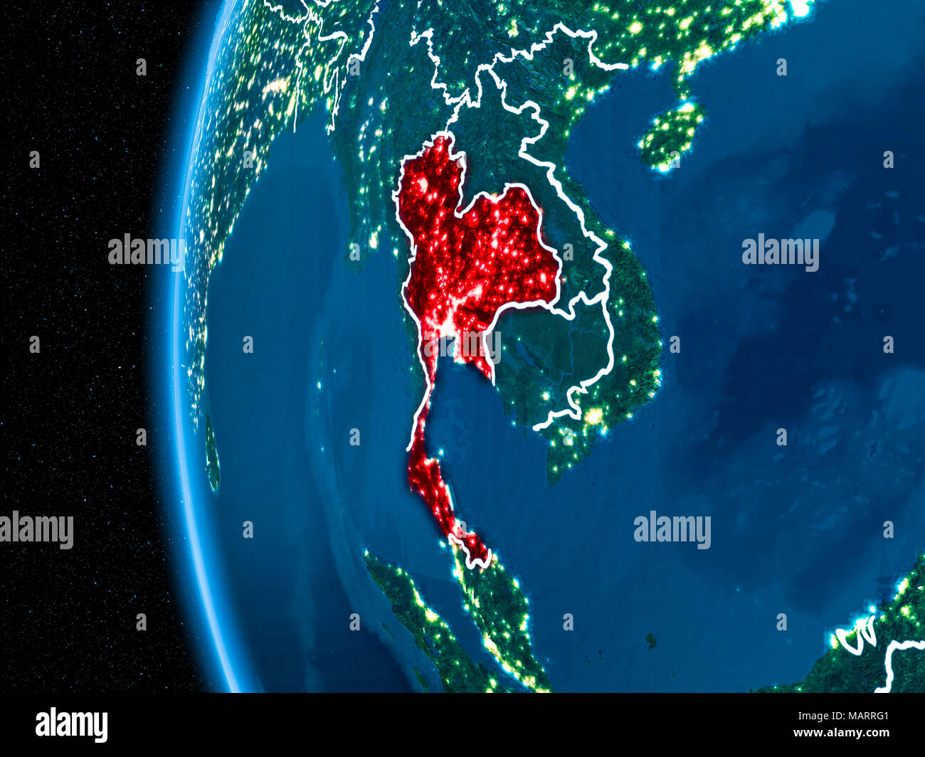 Platz orbit Ansicht von Thailand in Rot hervorgehoben auf dem Planeten Erde bei Nacht mit sichtbaren Grenzen und die Lichter der Stadt. 3D-Darstellung. Elemente der Th Stockfoto