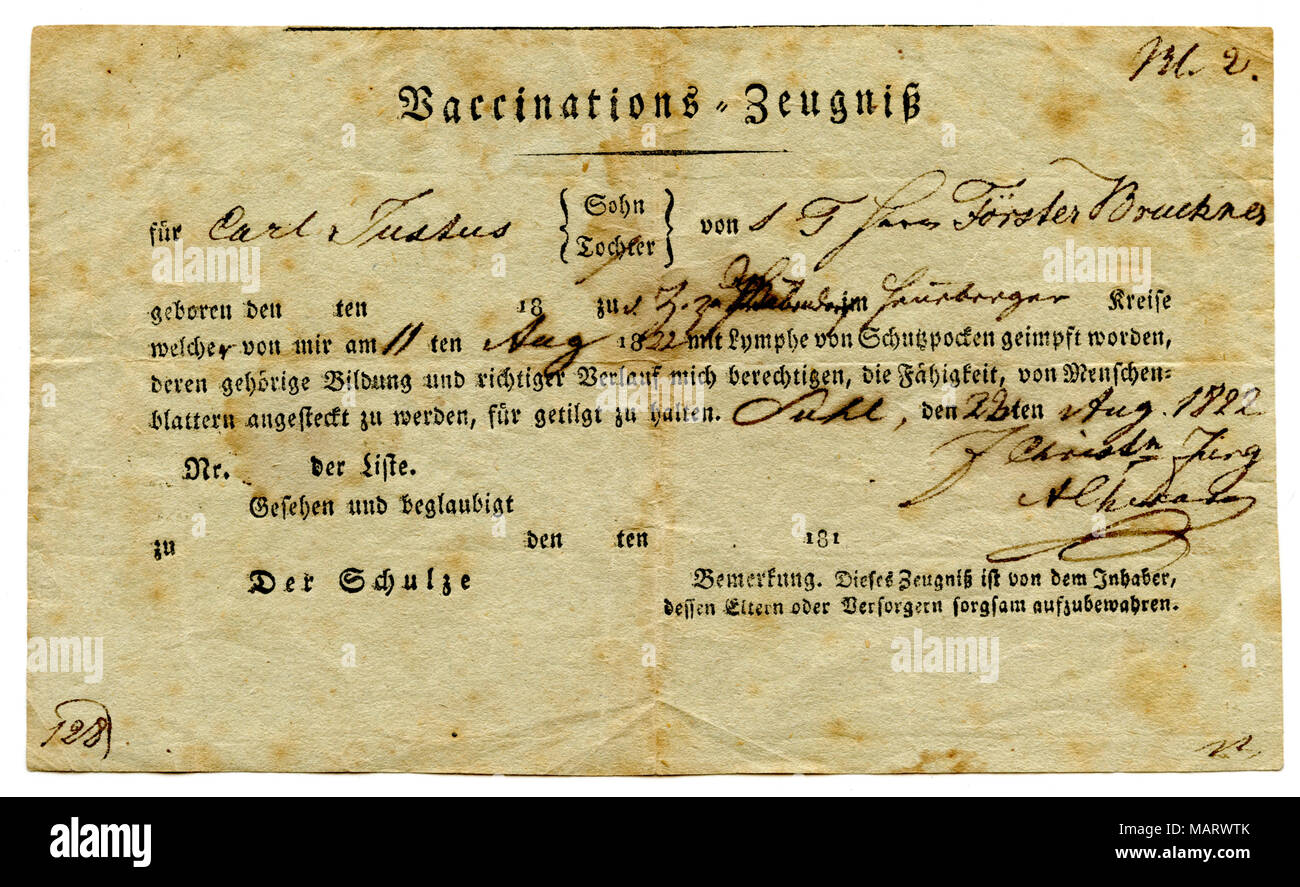 Impfungen Zertifikat von 1822, Stockfoto