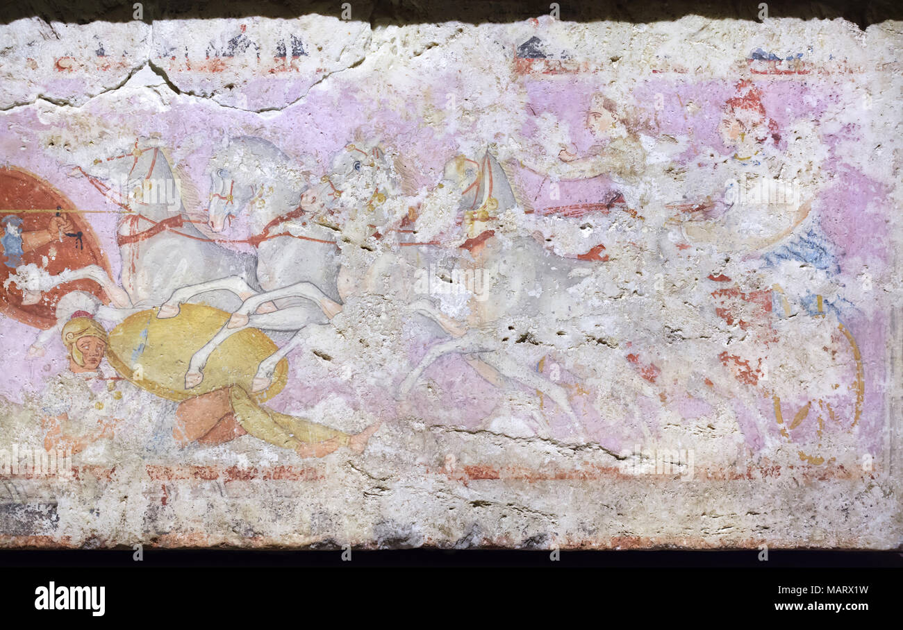 Schlacht zwischen den Griechen und den Amazonen. Griechische polychrome Bemalung auf der Sarcofago delle Amazzoni (Sarkophag der Amazonen) datiert aus dem 4. Jahrhundert v. Chr. (350-325 v. Chr.) im Museo Archeologico Nazionale (Nationale Archäologische Museum) in Florenz, Toskana, Italien. Der Sarkophag wurde ausgegraben in den Bereich der etruskische Stadt Corneto Tarquinia (jetzt in Italien) im Jahr 1869. Stockfoto