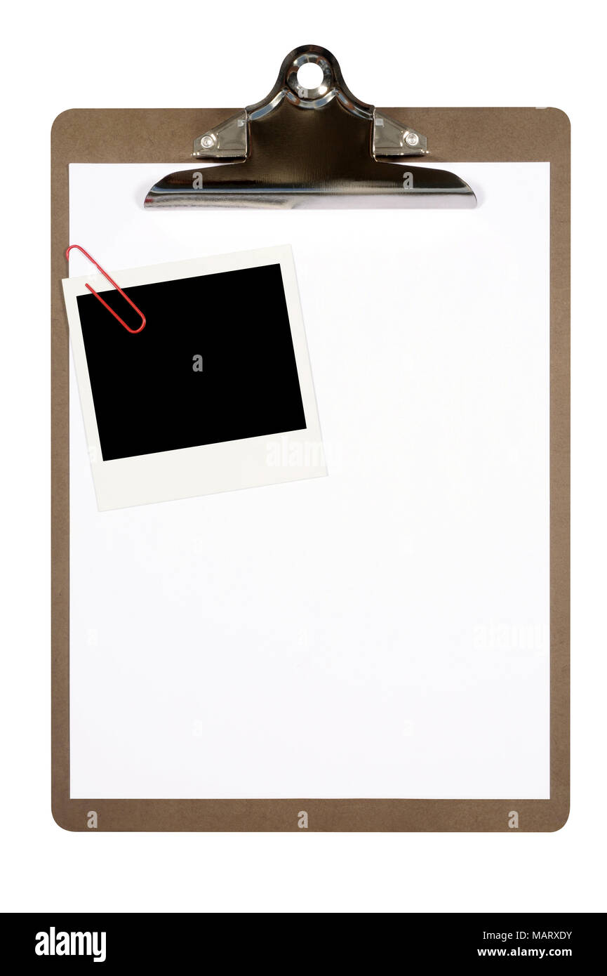 Zwischenablage mit Instant Photo Print und rote Büroklammer Stockfoto