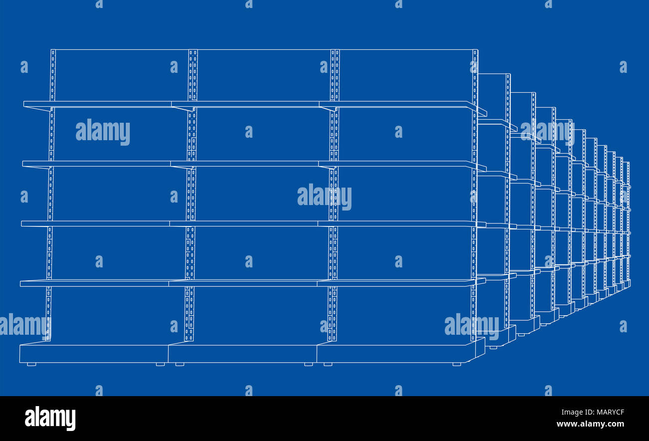 Racks mit Regalen Skizze. 3D-Darstellung Stockfoto