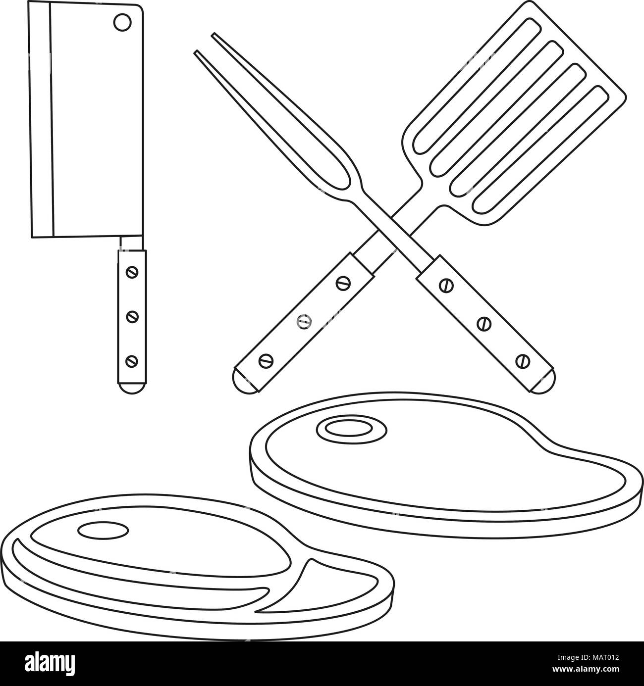 Line Art schwarz und weiß Steak kochen. Essen themed Vector Illustration für Geschenkkarte Zertifikat, Aufkleber, Abzeichen, Zeichen, Stempel, Logo, Beschriftung, Symbole, Stock Vektor