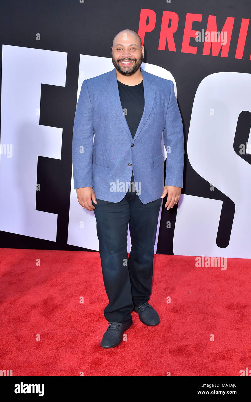 Colton Dunn die Teilnahme an der 'Blocker' Premiere im Regency Dorf Theater am 3. April in Los Angeles, Kalifornien 2018. Stockfoto