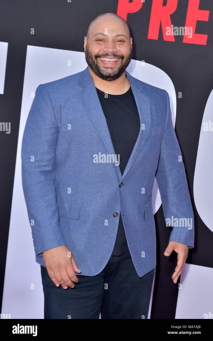 Colton Dunn die Teilnahme an der 'Blocker' Premiere im Regency Dorf Theater am 3. April in Los Angeles, Kalifornien 2018. Stockfoto