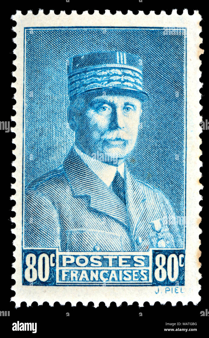 Französische Briefmarke (1941): Marschall Henri Philippe Pétain Benoni Omer, Joseph (1856-1951) Maréchal Pétain. Premierminister während des Zweiten Weltkriegs und verurteilt wurden, Stockfoto