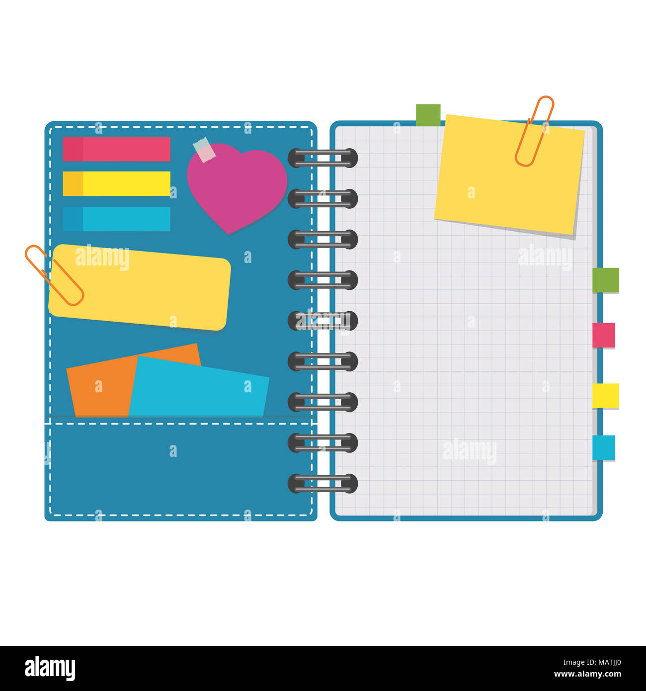 Bunte open Notepad auf einer Spirale mit Lesezeichen. Saubere Seite und Abdeckung mit klebrigen Aufkleber. Einfache flache Vector Illustration auf weißen backgro isoliert Stockfoto