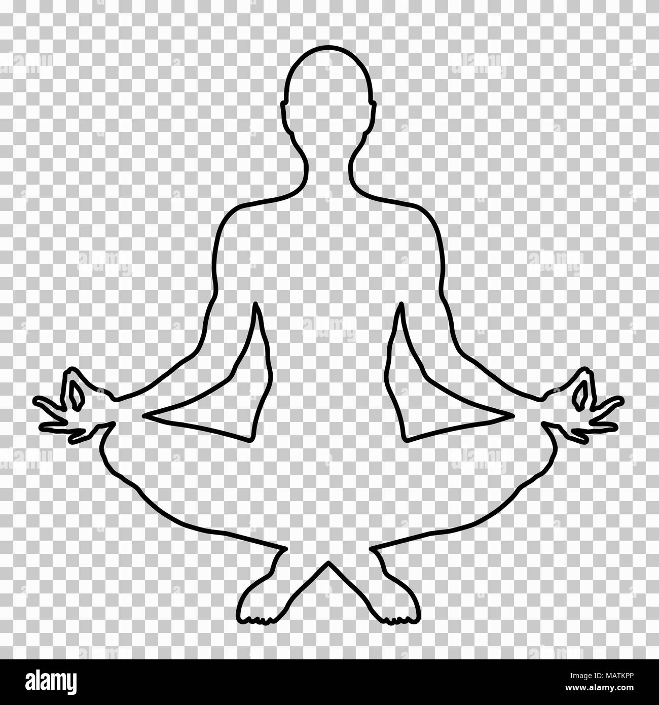 Überblick Abbildung eines Mannes sitzt im Lotussitz auf einem transparenten Hintergrund, Schablone, Yogi Silhouette. Meditation menschliche, Form, Linie Portrait, schwarze und weiße Kontur zeichnen. Vector Illustration Stock Vektor