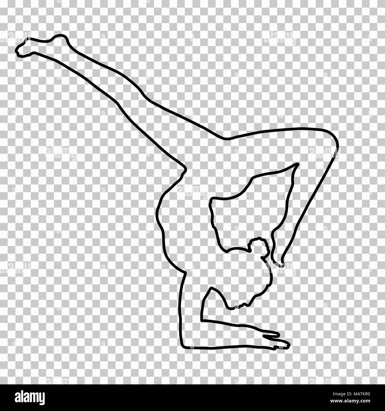Überblick Abbildung Frau Handstand auf transparentem Hintergrund, silhouette Mädchen macht einen Stand auf der Hand, Yoga, Gymnastik, Kontur Portrait, schwarze und weiße Linie zeichnen, Schablone. Vector Illustration Stock Vektor