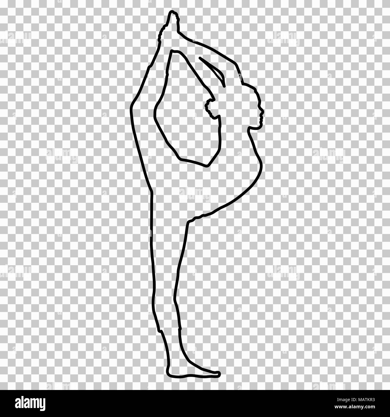 Überblick Abbildung Frau tun stretching Beine, Split auf transparentem Hintergrund, silhouette Mädchen in Gymnastik, Yoga, Kontur Portrait, schwarze und weiße Linie zeichnen, Schablone. Vector Illustration Stock Vektor