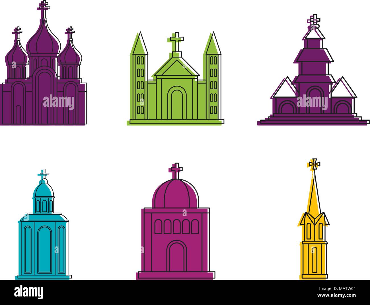 Kirche Icon Set, Farbe Umrisse Stil Stock Vektor