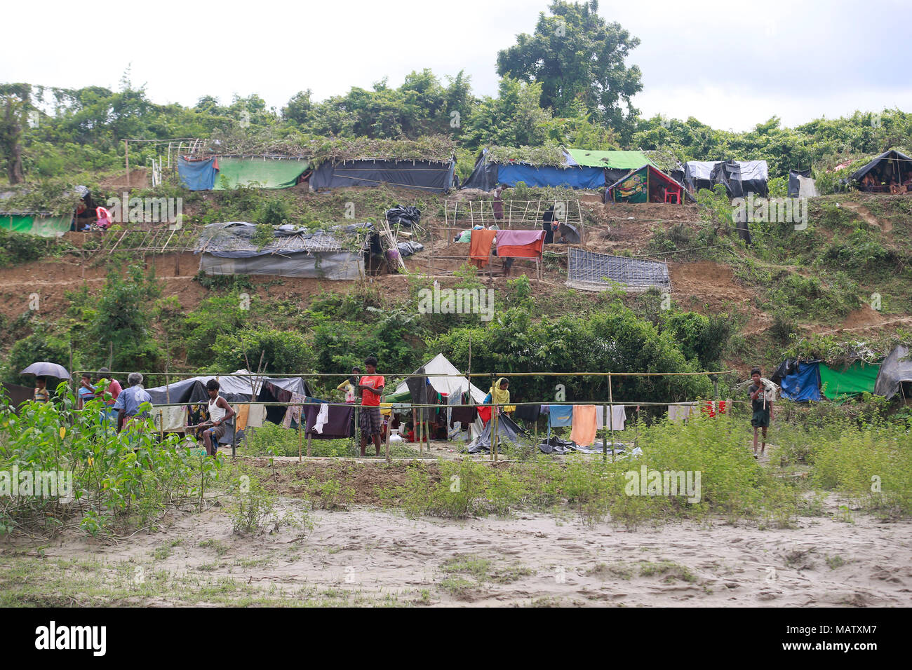 Myanmars ethnischen Rohingya Muslime bauen behelfsmäßiges Zelt auf Bangladesch Seite der Grenze in Tumbro, Bangladesch. Stockfoto