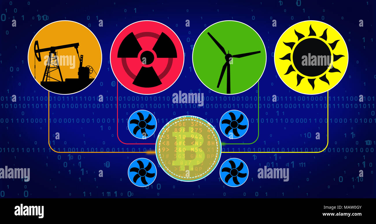 Bitcoin cryptocurrency mining Konzept. Kern-, Wind Turbine und Öl Energie ändern für Münzen im Bildschirm stilisierte Grafik. Stockfoto