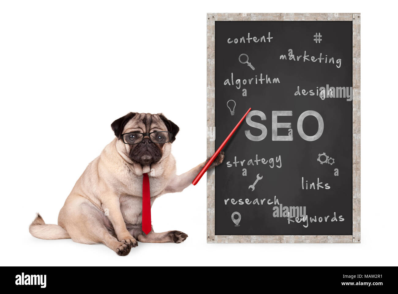 Business mops Hund halten roten Zeiger, Suchmaschinenoptimierung, SEO, Performance Strategie, Hand gezeichnet am Schwarzen Brett, isoliert auf weißem Stockfoto
