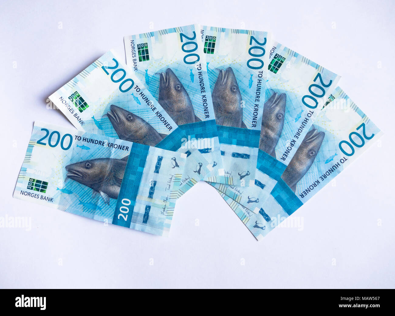 Neue Norwegische zwei hundert Kronen Banknoten schwärmten aus, auf einem weißen Hintergrund die Cod/skrei wichtig für die Wirtschaft im Wandel der Zeiten Stockfoto