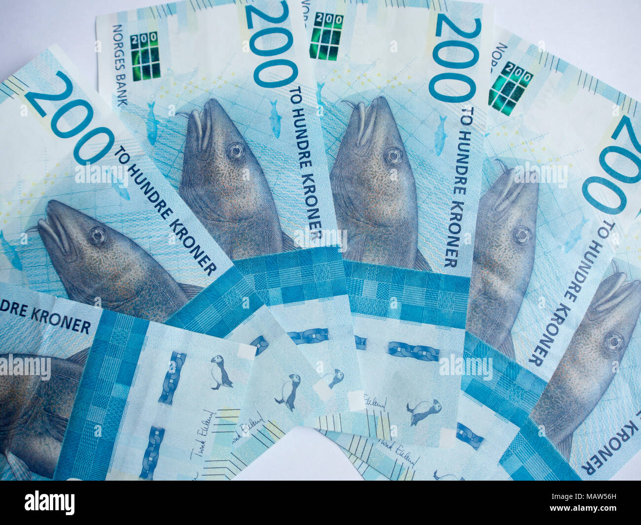 Neue Norwegische zwei hundert Kronen Banknoten schwärmten aus, auf einem weißen Hintergrund die Cod/skrei wichtig für die Wirtschaft im Wandel der Zeiten Stockfoto