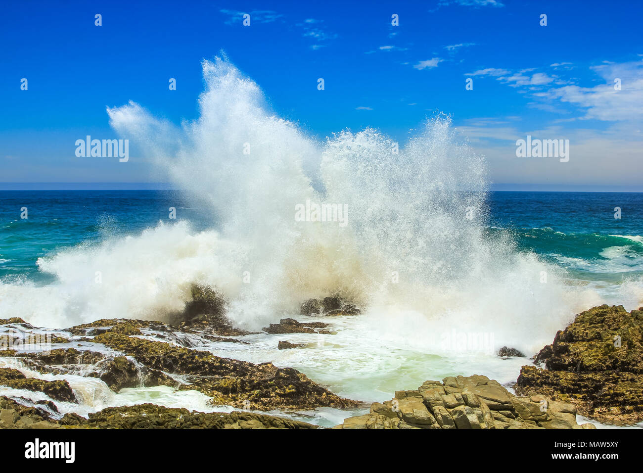 Wellen und dramatischen Felsküste der Tsitsikamma National Park, Garden Route, Eastern Cape in Südafrika. Stockfoto