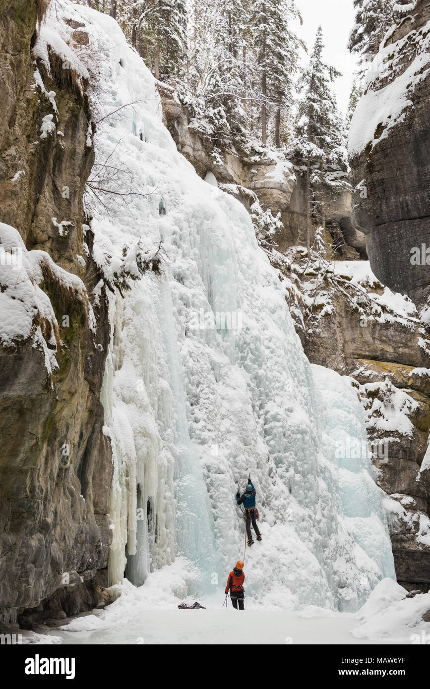 Männliche Kletterer klettern Ice Mountain Stockfoto