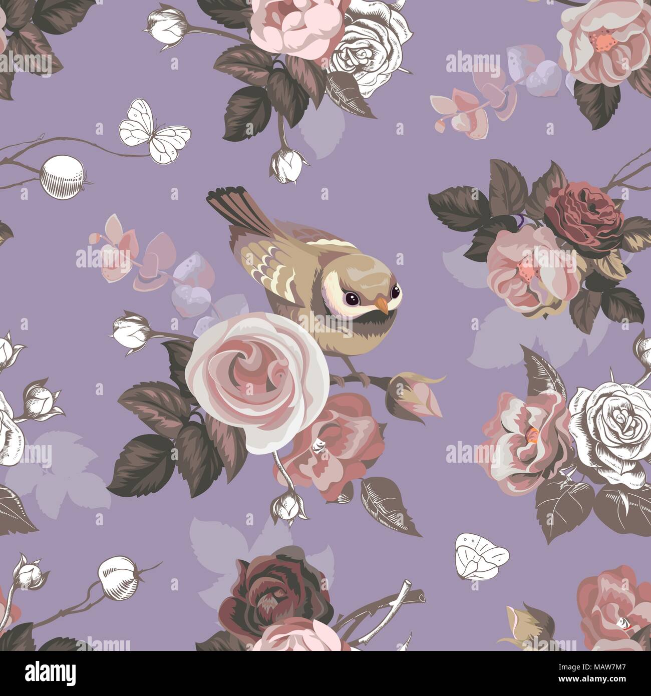 Florale nahtlose Muster mit bunte Blumensträuße Rosen und niedlichen kleinen Vogel auf Hintergrund. Vector Illustration im Retro Stil für Tapeten, Textildruck, Geschenkpapier Stock Vektor