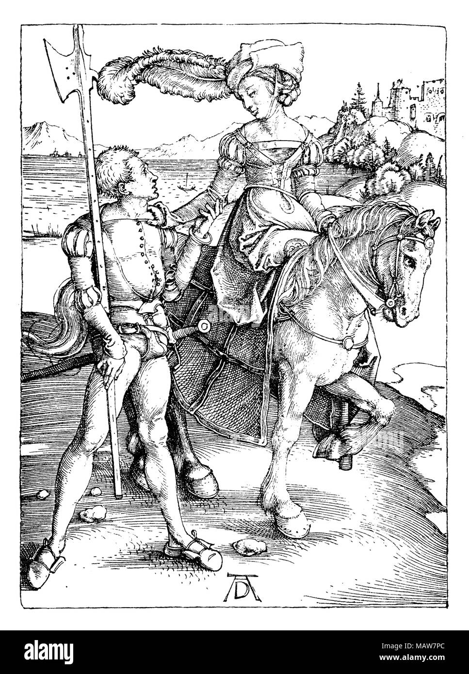 Die Dame an der Pferde und der lansquenet von Albrecht Dürer, Jahr 1497 Stockfoto