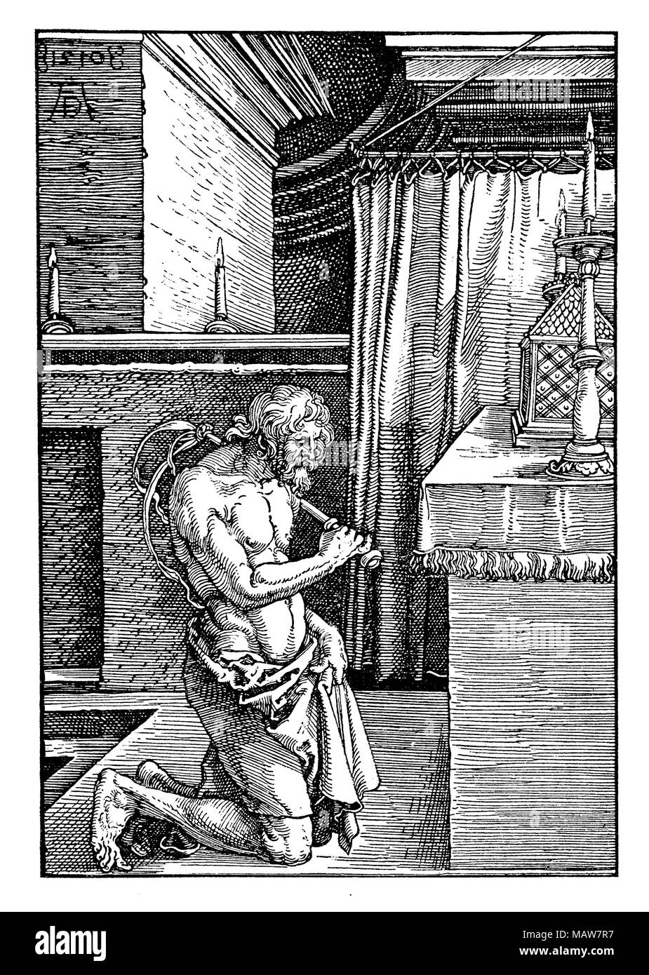 Fleisch Abtötung: Ich bin ein Nicken reuig, von Albrecht Dürer, Jahr 1510 Gravur Stockfoto
