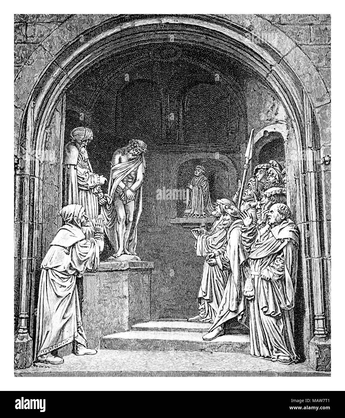 Kirche Darstellung eines religiösen Folk spielen mit Christus, Calvin und Martin Luther, 16. Jahrhundert Stockfoto