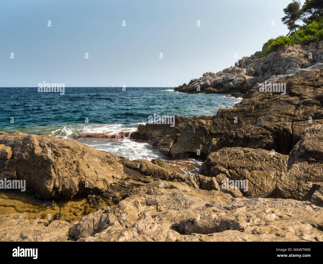 Blick auf die Bucht von Canyamel, Mallorca, Balearen Inseln an einem sonnigen Tag Stockfoto