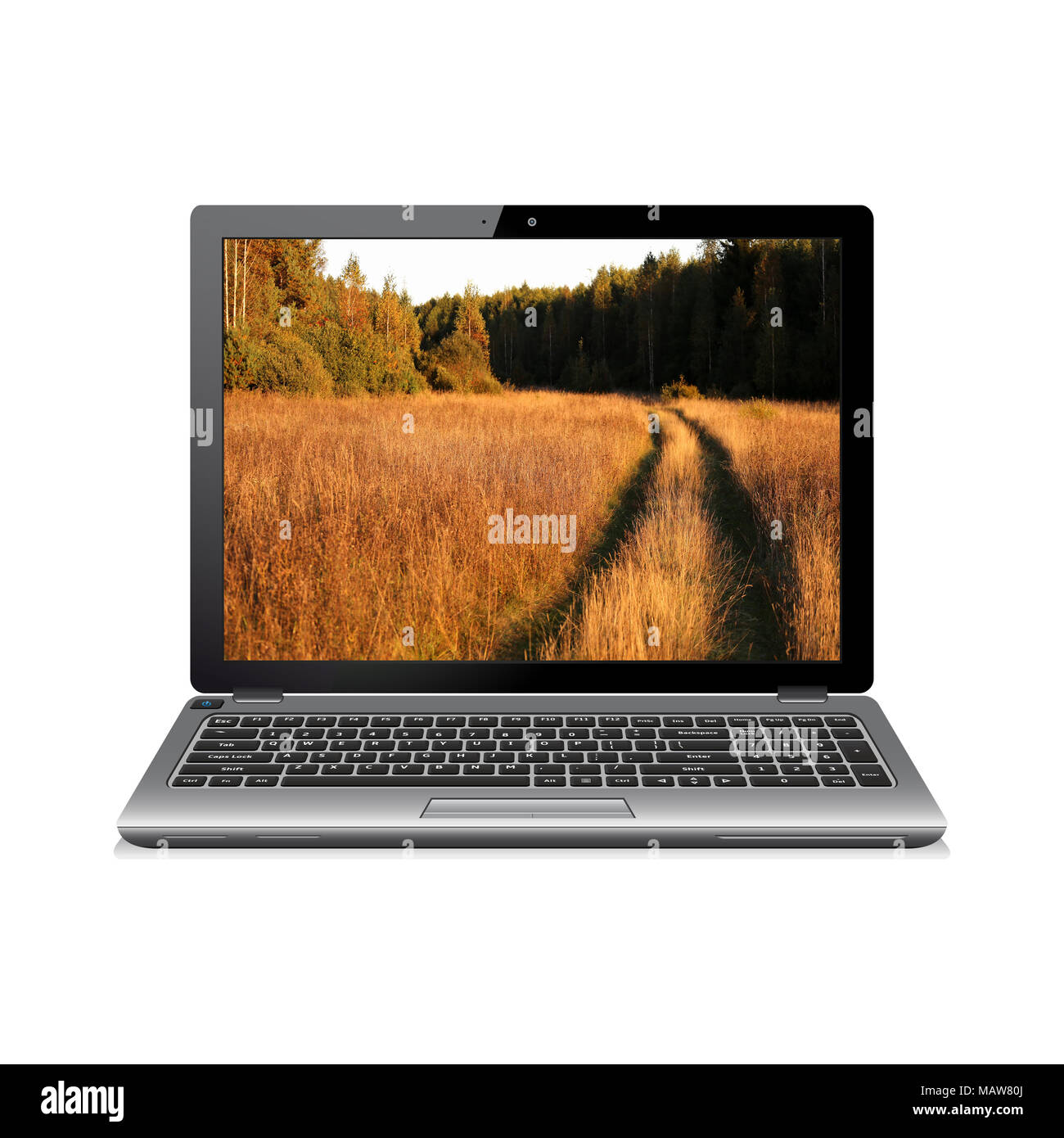 Laptop isoliert auf Weiss mit in einem Wald wallpaper Stockfoto