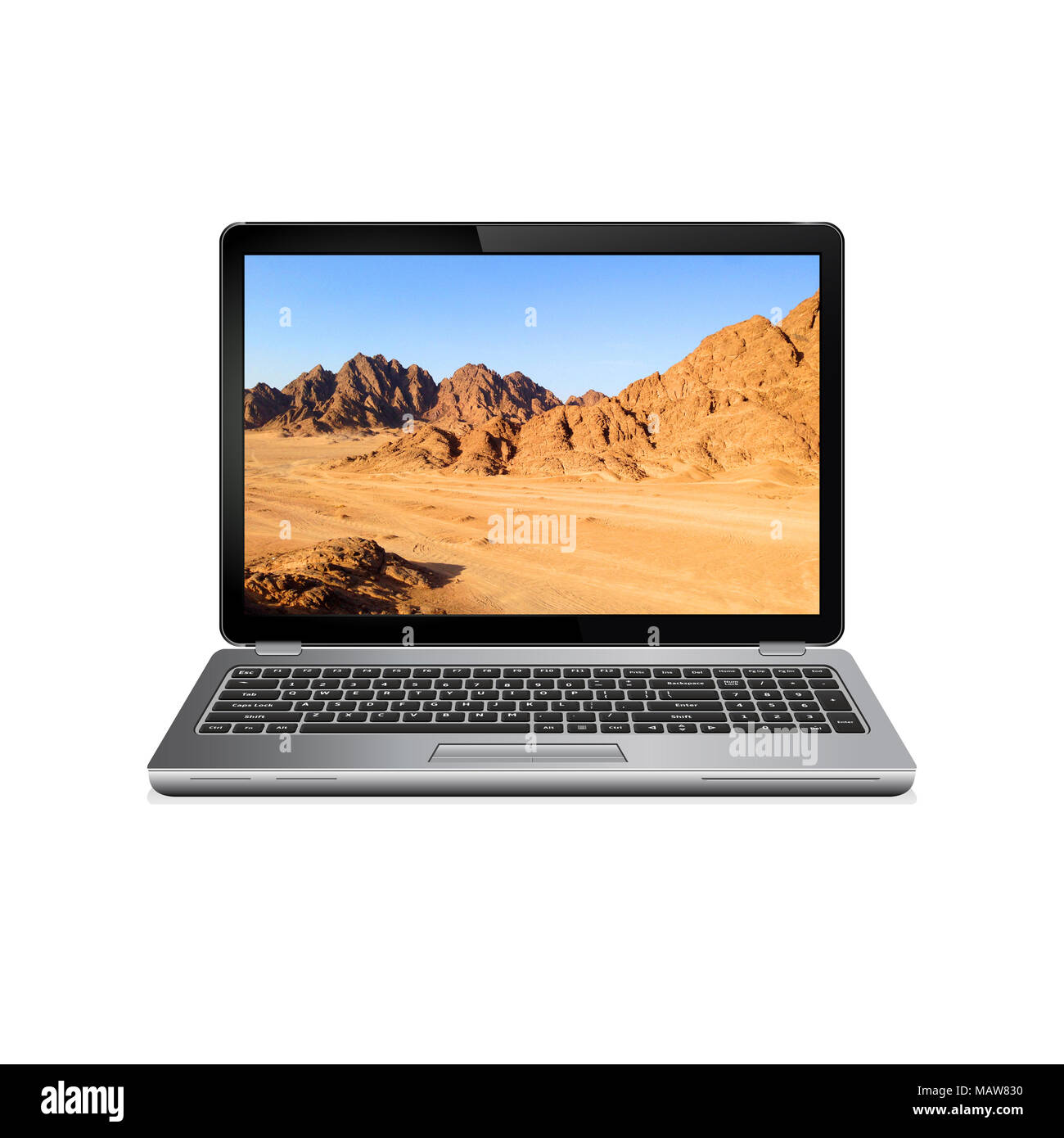 Laptop mit Wüste und Berge Wallpaper Stockfoto