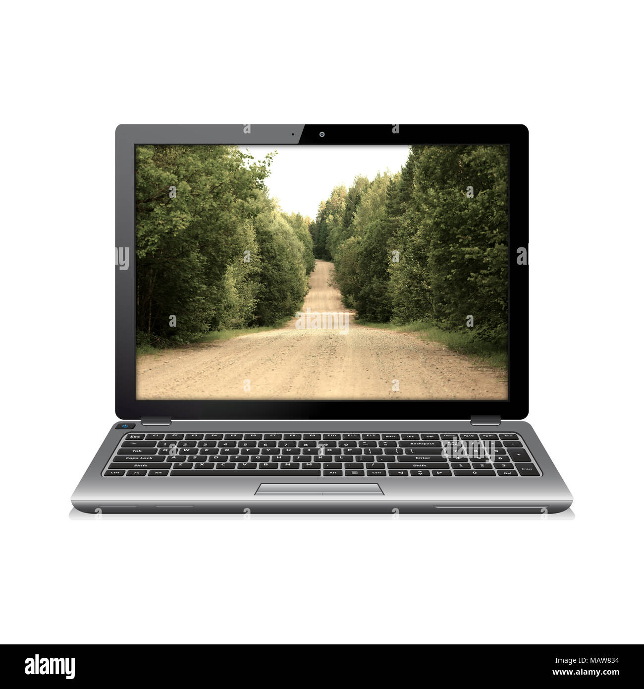 Moderne Laptop mit Country Road auf dem Bildschirm Stockfoto