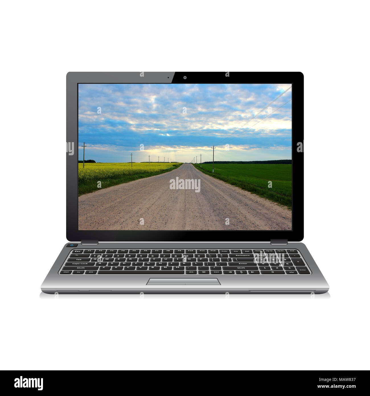 Laptop isoliert auf Weiss mit Straße auf dem Bildschirm Stockfoto