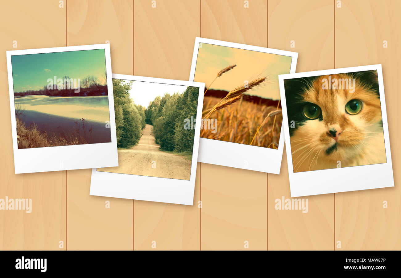 Retro Fotos auf Holz- Hintergrund Stockfoto
