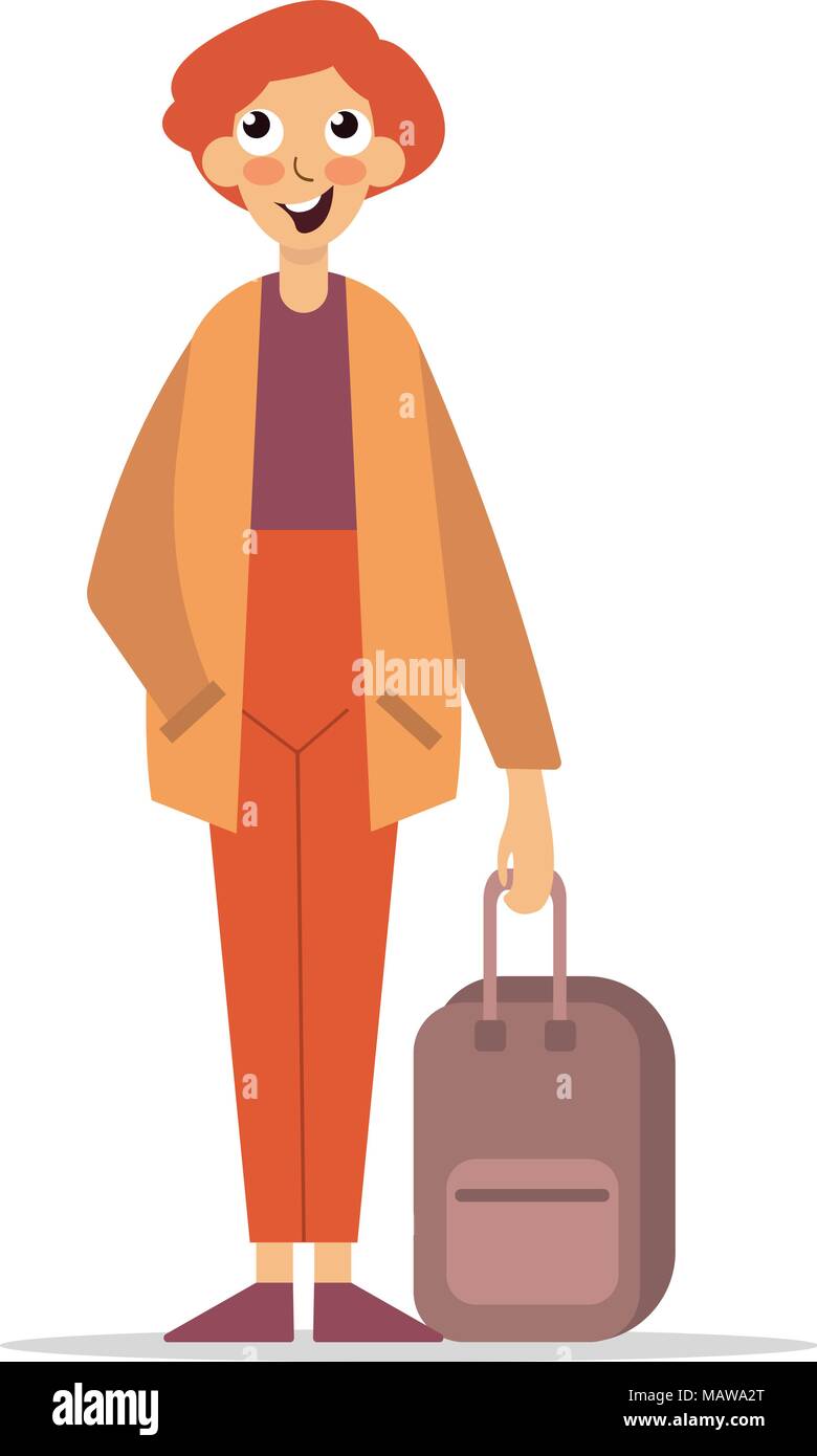 Reisende Charakter Symbol. Fellow Traveler. Mann in Freizeitkleidung mit Trolley Koffer, Template Vector Illustration auf weißem Hintergrund. Für Stock Vektor