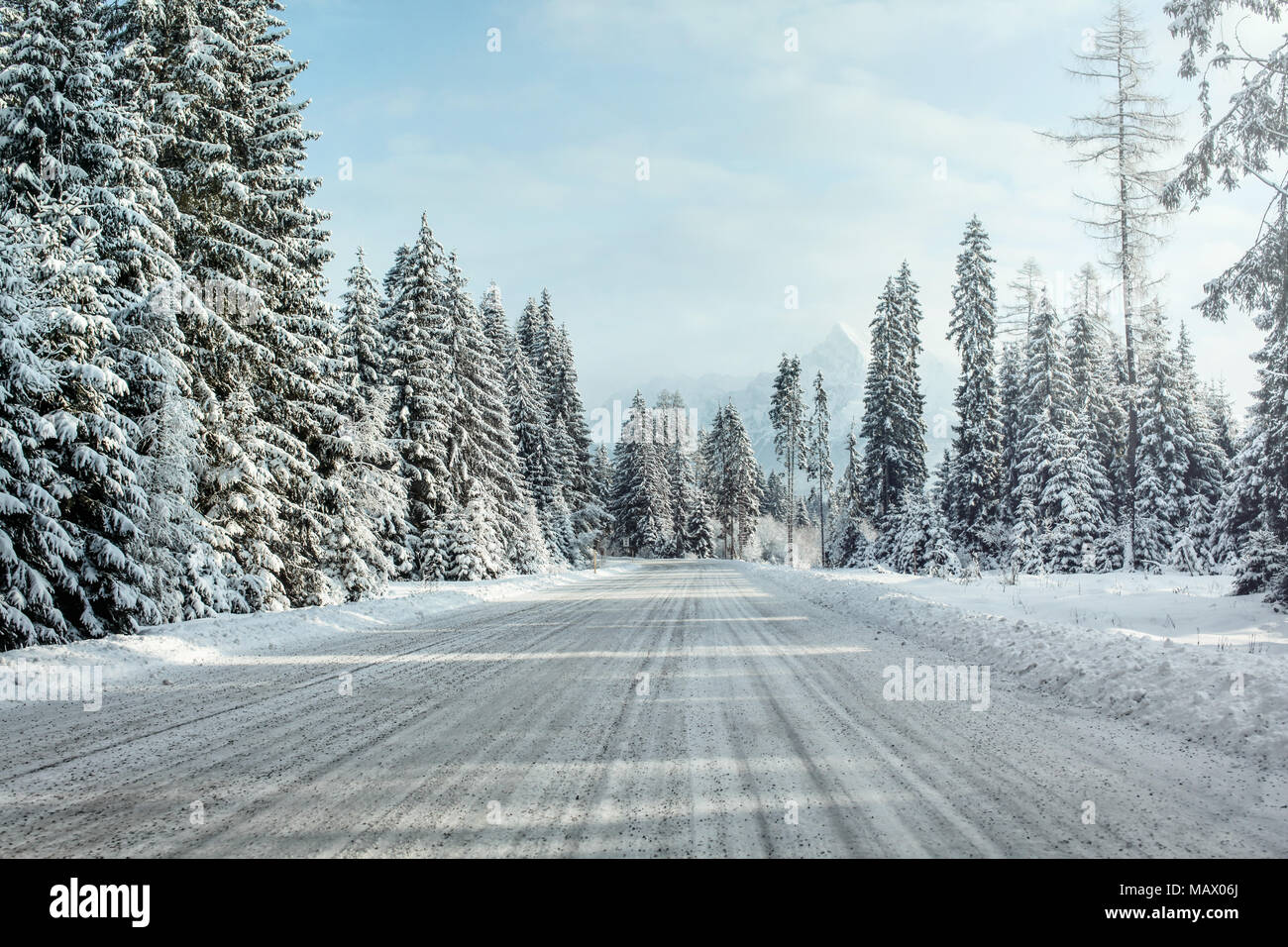 Blick von einem Auto reiten durch verschneite Winter Straße, Bäume auf der Seite, mit Berg Krivan in Distanz. Podbanske, Slowakei Stockfoto