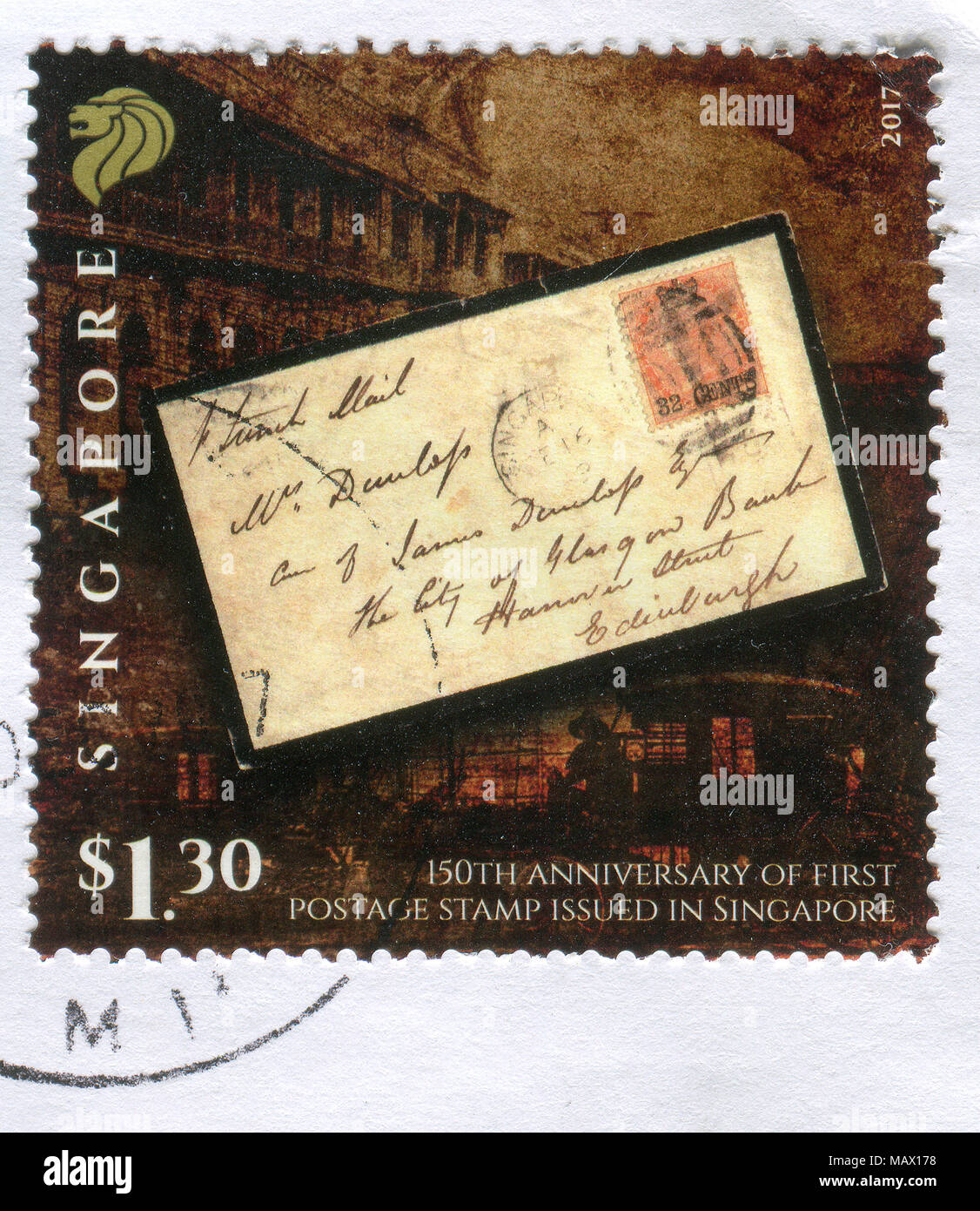 GOMEL, BELARUS, vom 3. Dezember 2017, Stempel gedruckt in Singapur zeigt ein Bild des 150. Jahrestages der ersten Briefmarke in Singapur ausgestellt, das circa 201 Stockfoto