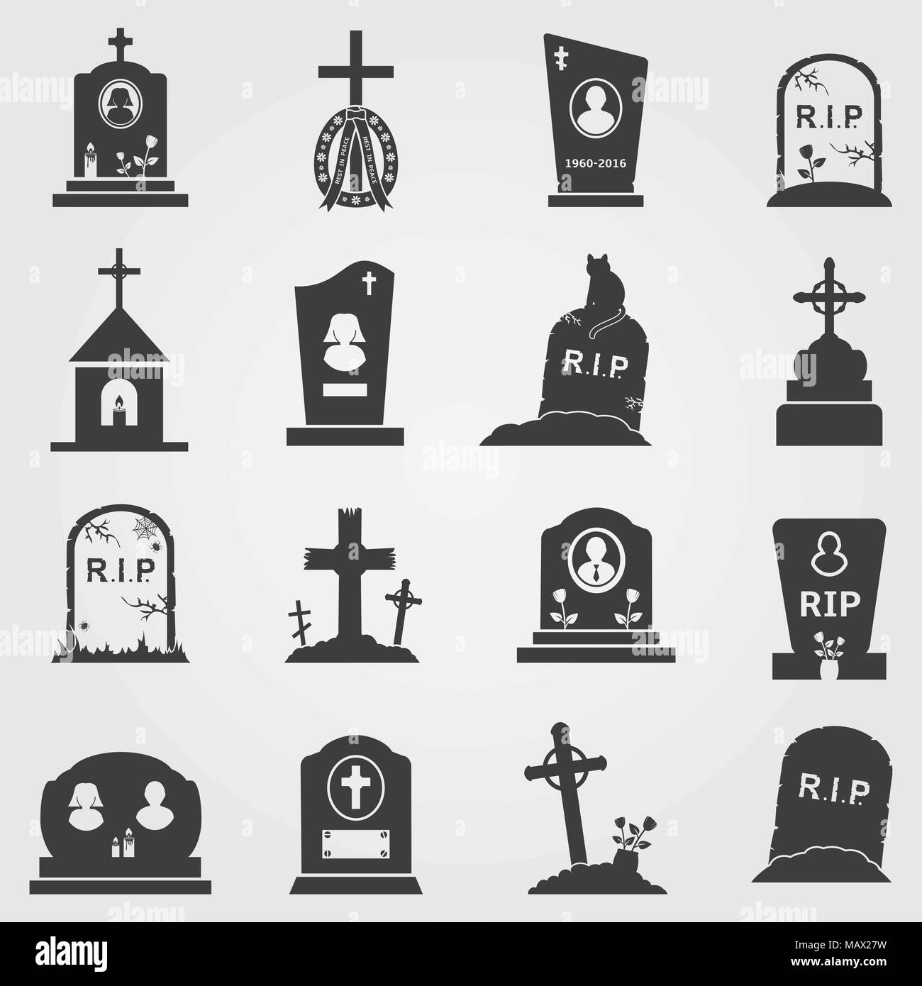 Friedhof Kreuze, Grabsteine und Grabmale Web Icons einstellen Stock Vektor