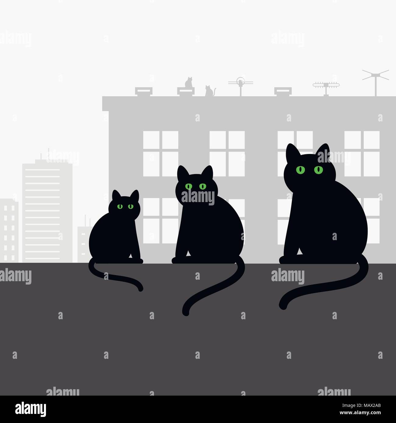 Familie schwarze Katzen mit grünen Augen sitzt auf dem Dach. Vector Illustration. Stock Vektor