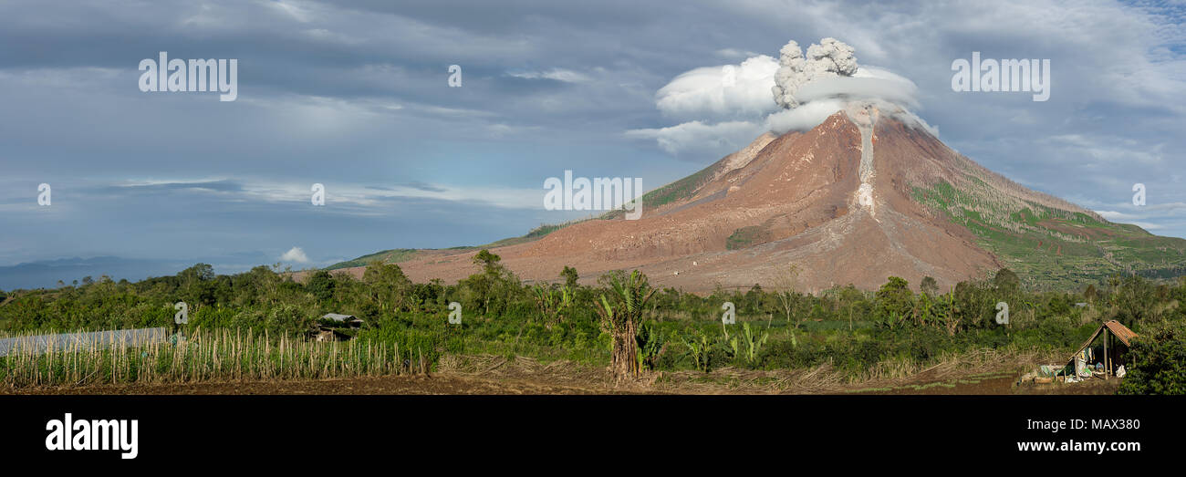 Am frühen Morgen Aschewolke Ausbruch aus dem aktiven Vulkan Mount Sinabung, in der Nähe von Sumarta Berastagi, Island, Indonesien. Stockfoto