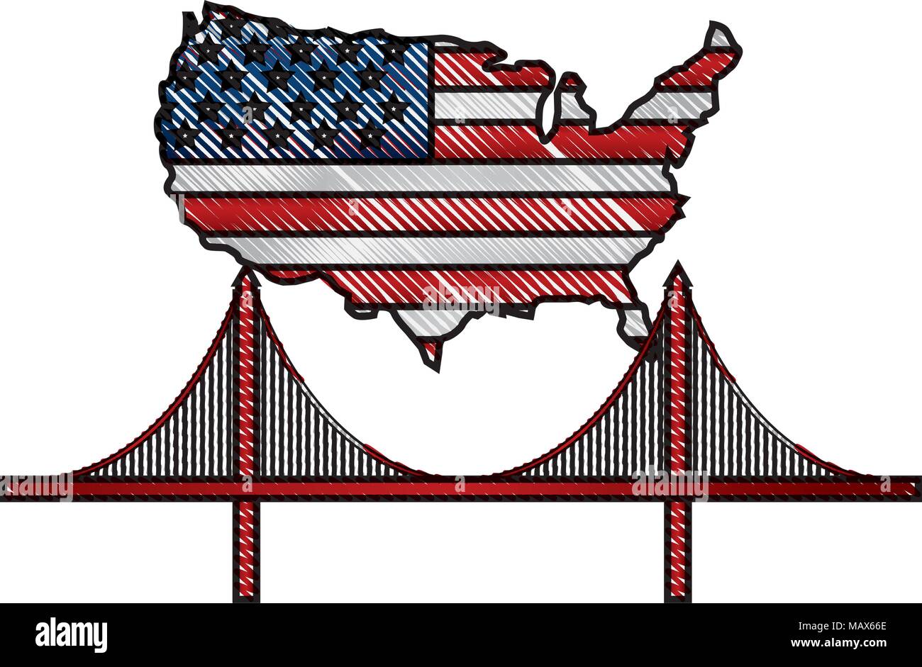 Amerikanische Flagge auf der Karte und Brücke Wahrzeichen Stock Vektor