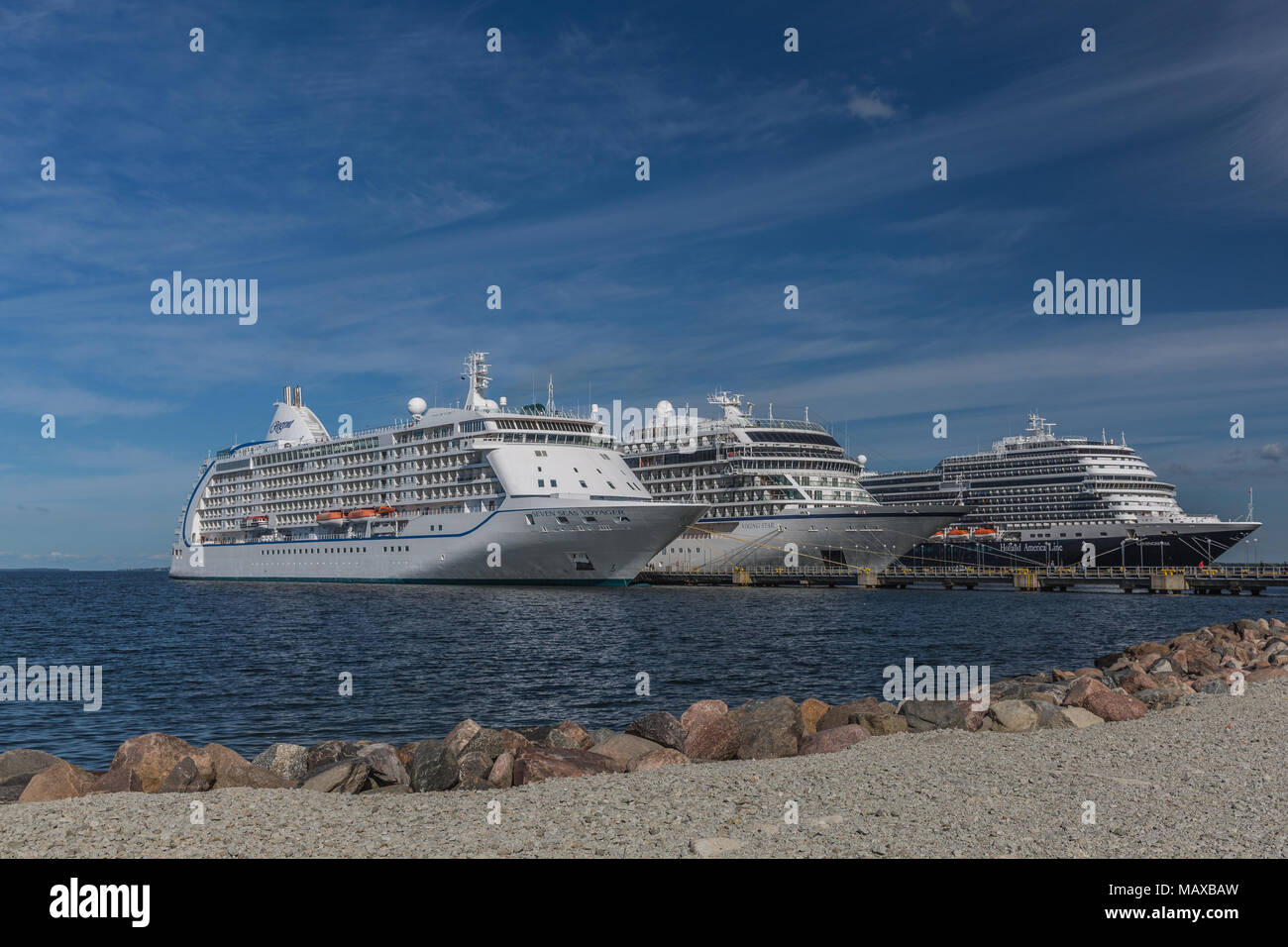 Viking Star, Holland America Koningsdam und Seven Seas Voyager angedockt an Tallinn Estland Stockfoto