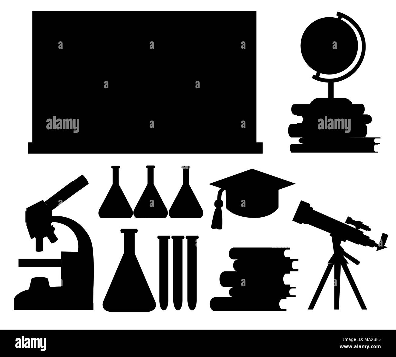 Schwarze Silhouette. Mikroskop, Teleskop, Reagenzgläser und Kugel auf die Bücher. Studie Konzept für Schulen, Hochschulen und Universitäten. Cartoon Design Stock Vektor