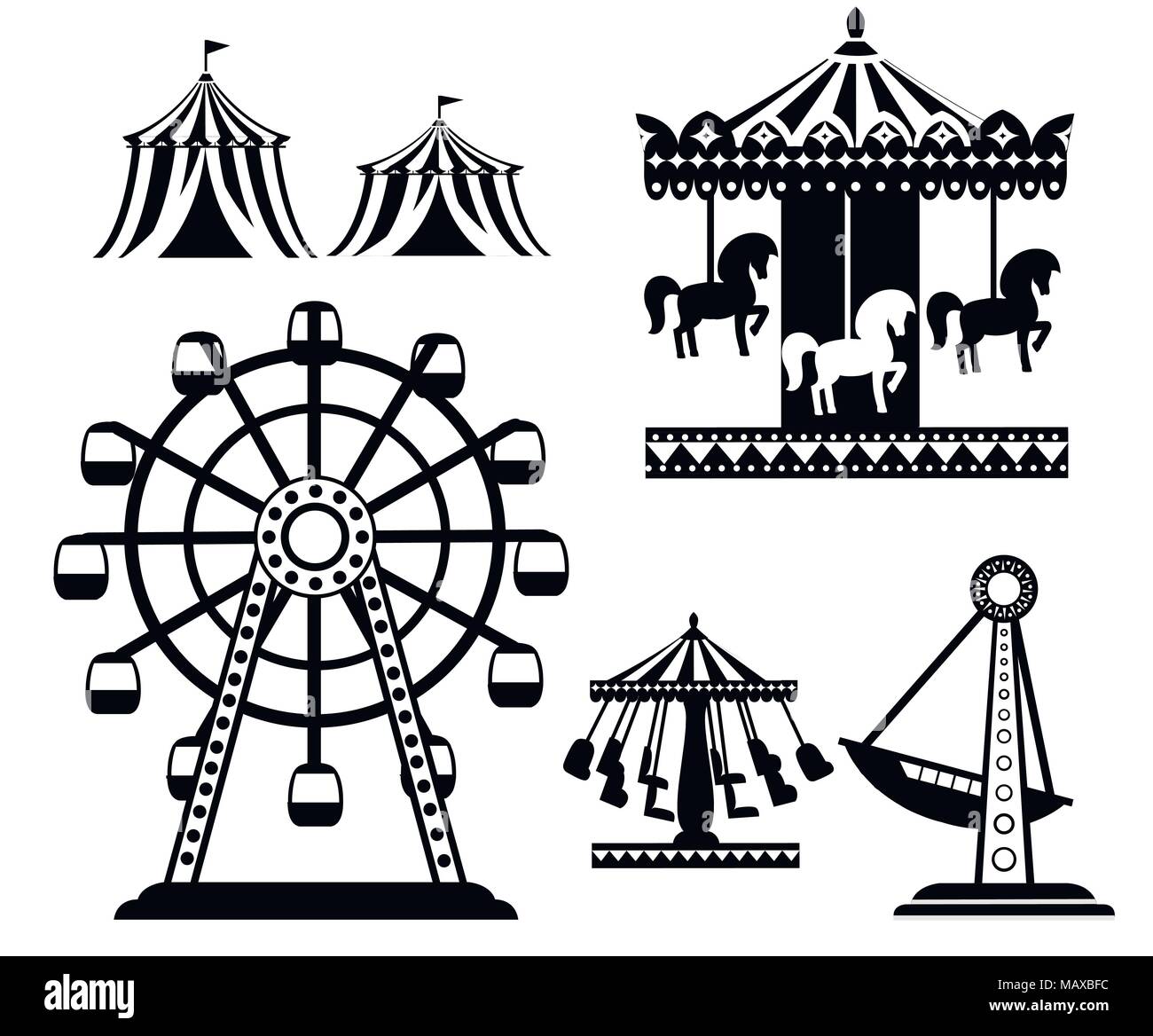 Schwarze Silhouette. Satz von Karneval Zirkus Symbole. Amusement Park Sammlung. Zelt, Karussell, Riesenrad, Piratenschiff. Cartoon Design. Vektor krank Stock Vektor