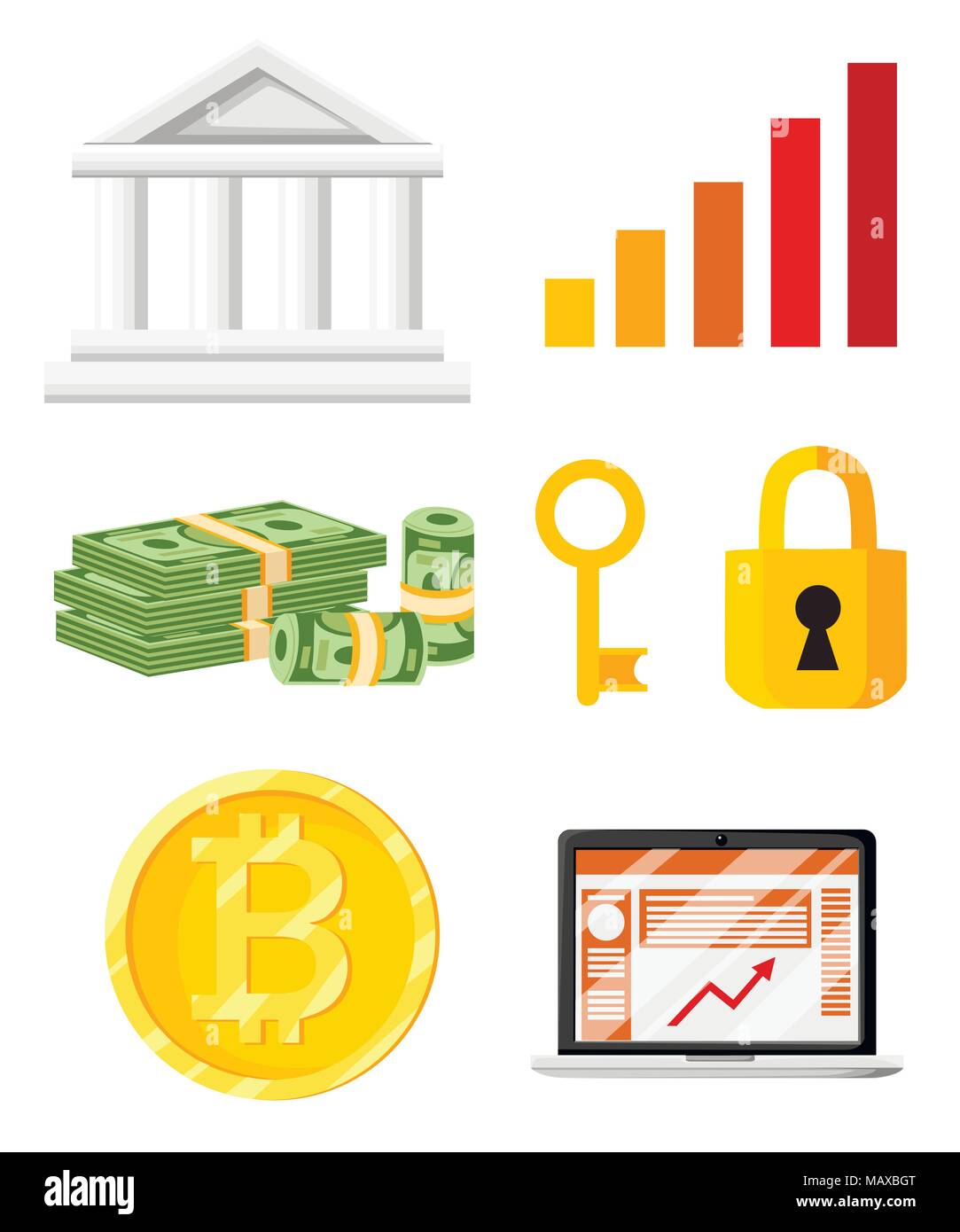 Finanzen Icon Set. Finanzen Sicherheitskonzept. Bitcoin und grünen Banknoten. Vector Illustration auf weißem Hintergrund. Web site Seite und mobile Ap Stock Vektor