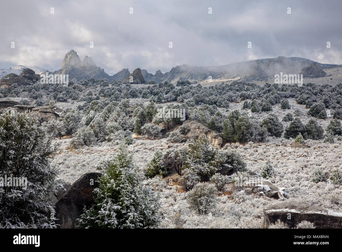 ID 00769-00 ... IDAHO - Anfang Herbst Schnee Sturm an der Stadt der Rocks National Reserve. Stockfoto