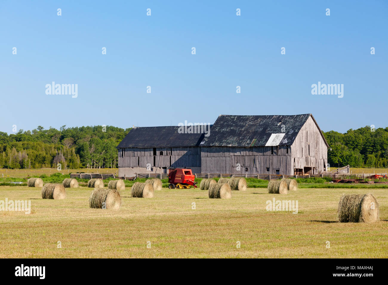 Runde Heuballen und eine rustikale Scheune in Bruce County, Ontario, Kanada. Stockfoto