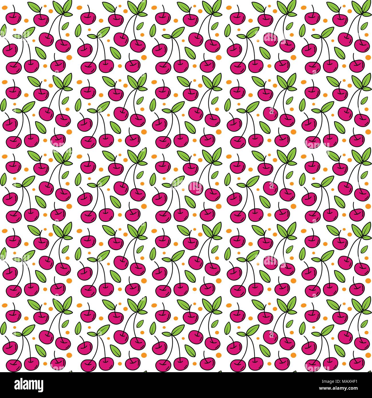 Red Cherry nahtlose Muster Textur mit Blättern und Orange Polka Dot Element Stock Vektor