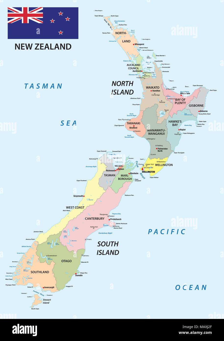 Neuseeland administrative und politische Vektorkarte mit Fahne Stock Vektor
