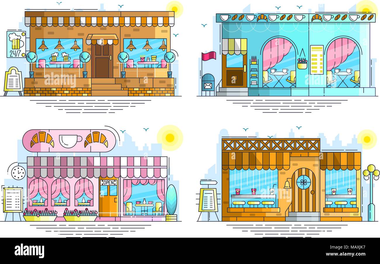 Satz von außenbereichen von kleinen niedlichen cafe Gebäude auf der Straße. Layout moderne vector Hintergrund Illustration Design Konzept Stock Vektor